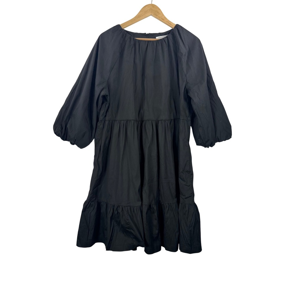 Chico's Tiered‎ Babydoll Dress Black Balloon Sleeve Cotton Poplin old money sz L